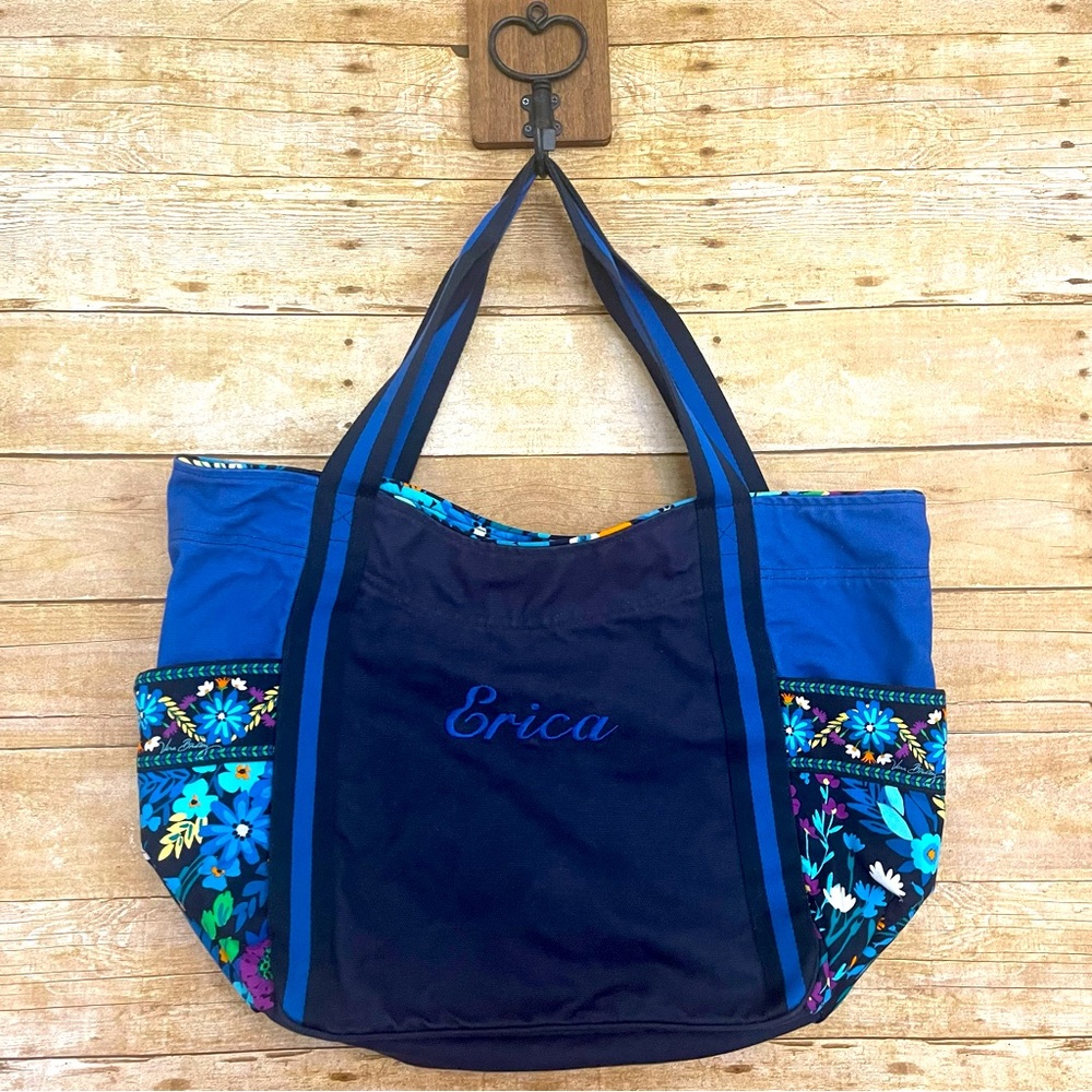 Vera Bradley Monogrammed “Erica” Canvas Beach Tote Midnight Blues EUC